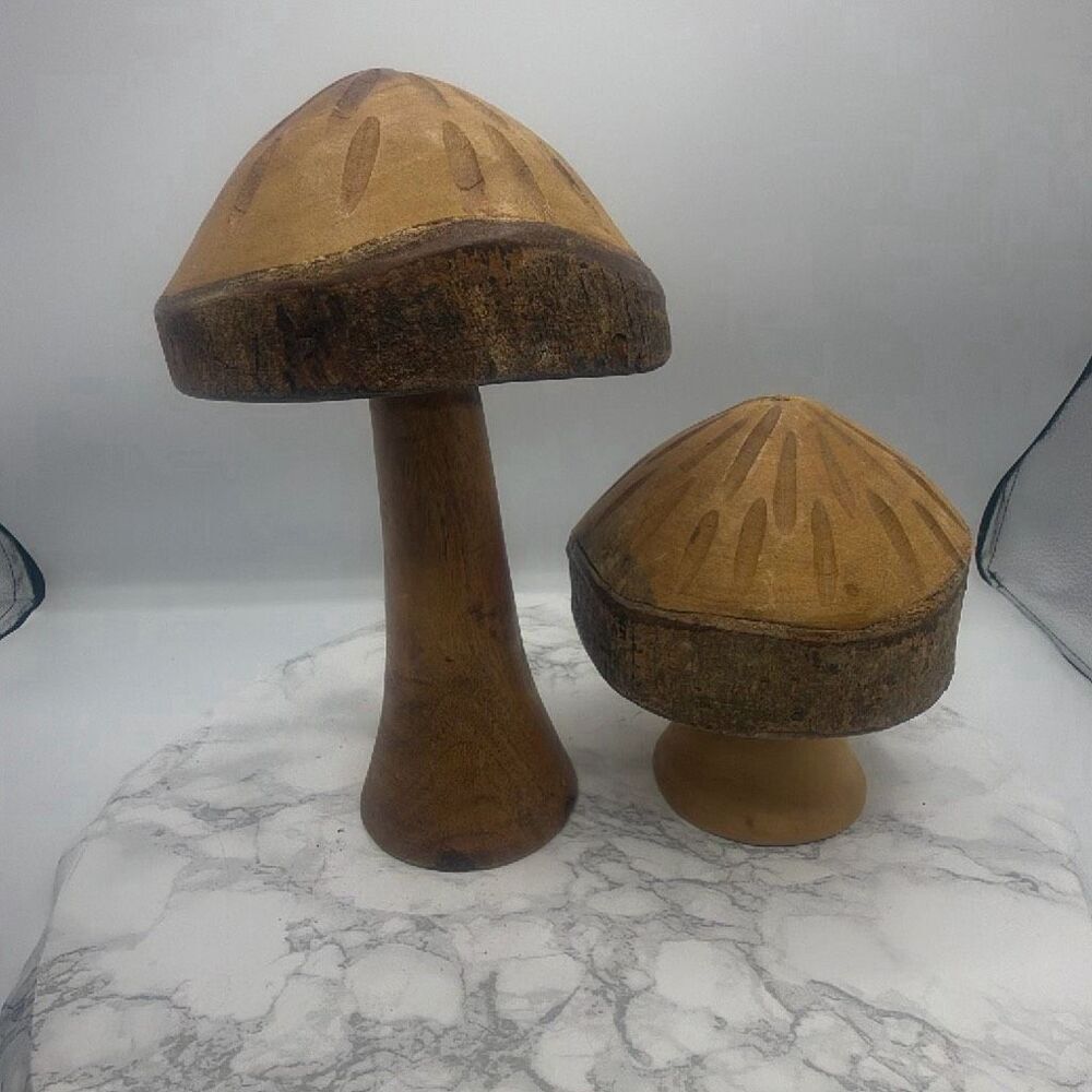 MCM Wooden Mushroom Figurine Sculptures- Set of 2